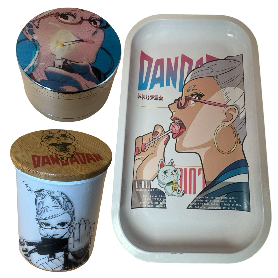 Grandma Seiko Grinder, Jar, Rolling Tray Set