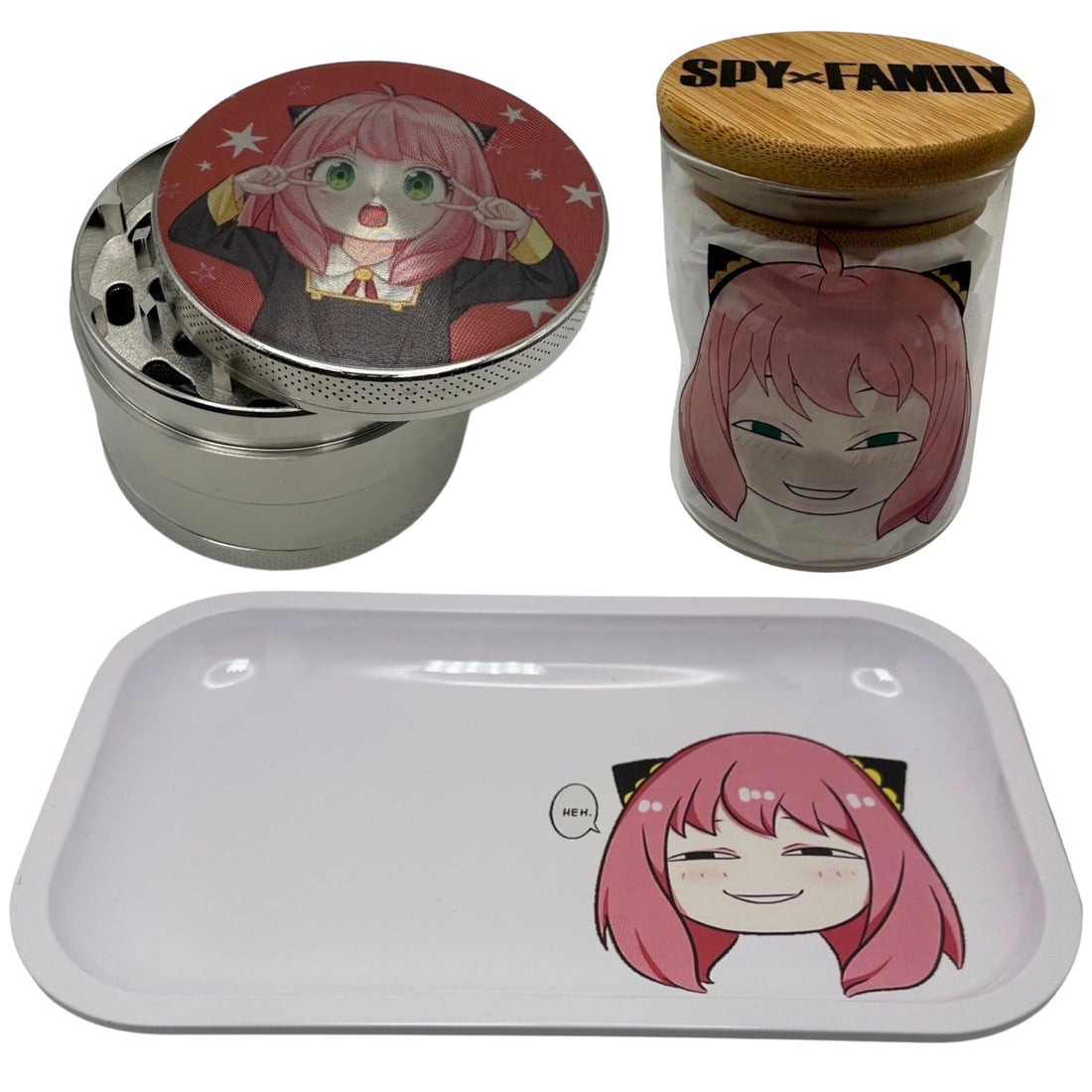 The SpicedAnime Anya Grinder, Jar, Rolling Tray Set showcases Anya from Spy x Family with pink hair and manga panels—ideal for storing jars or grinders.