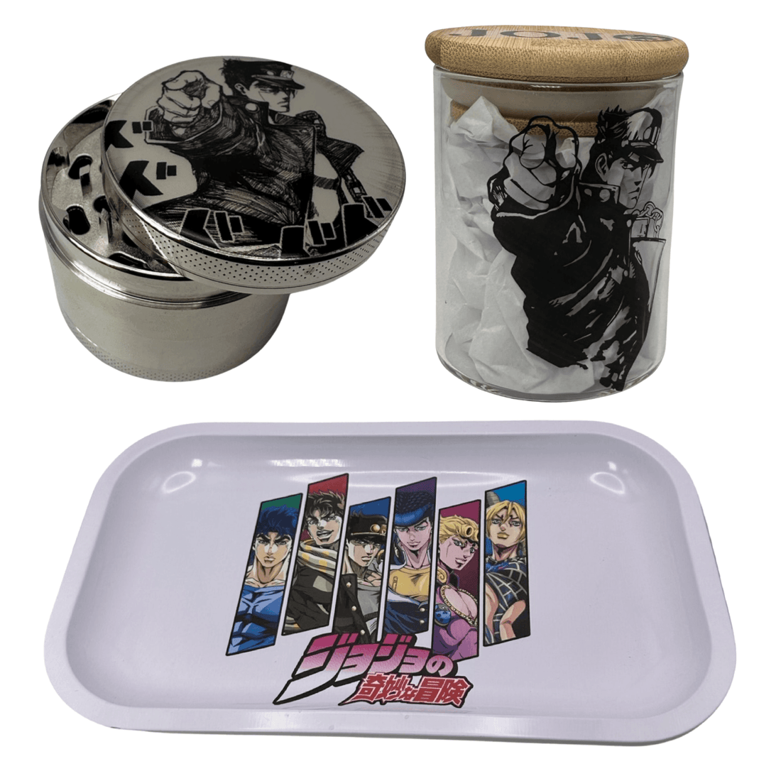 Jojos Bizarre Adventure Anime Spice Grinder, Stash Jar, Rolling Tray Set - spicedanime