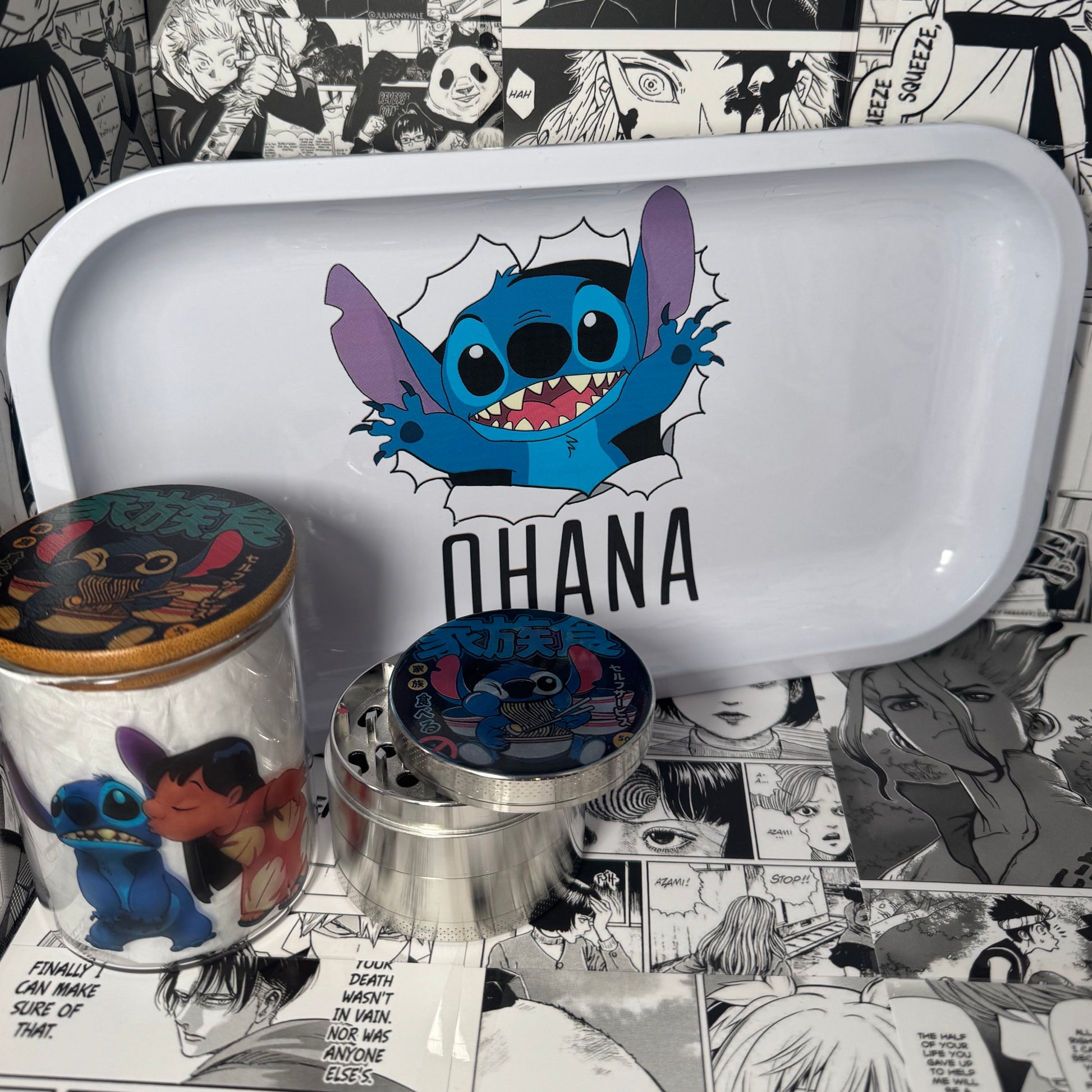 The SpicedAnime Ramen Stitch Grinder, Jar, and Rolling Tray Set features a white tray with cartoon Stitch and OHANA text, a grinder, and a glass jar with Stitch and Angel, all set against black-and-white manga panels.