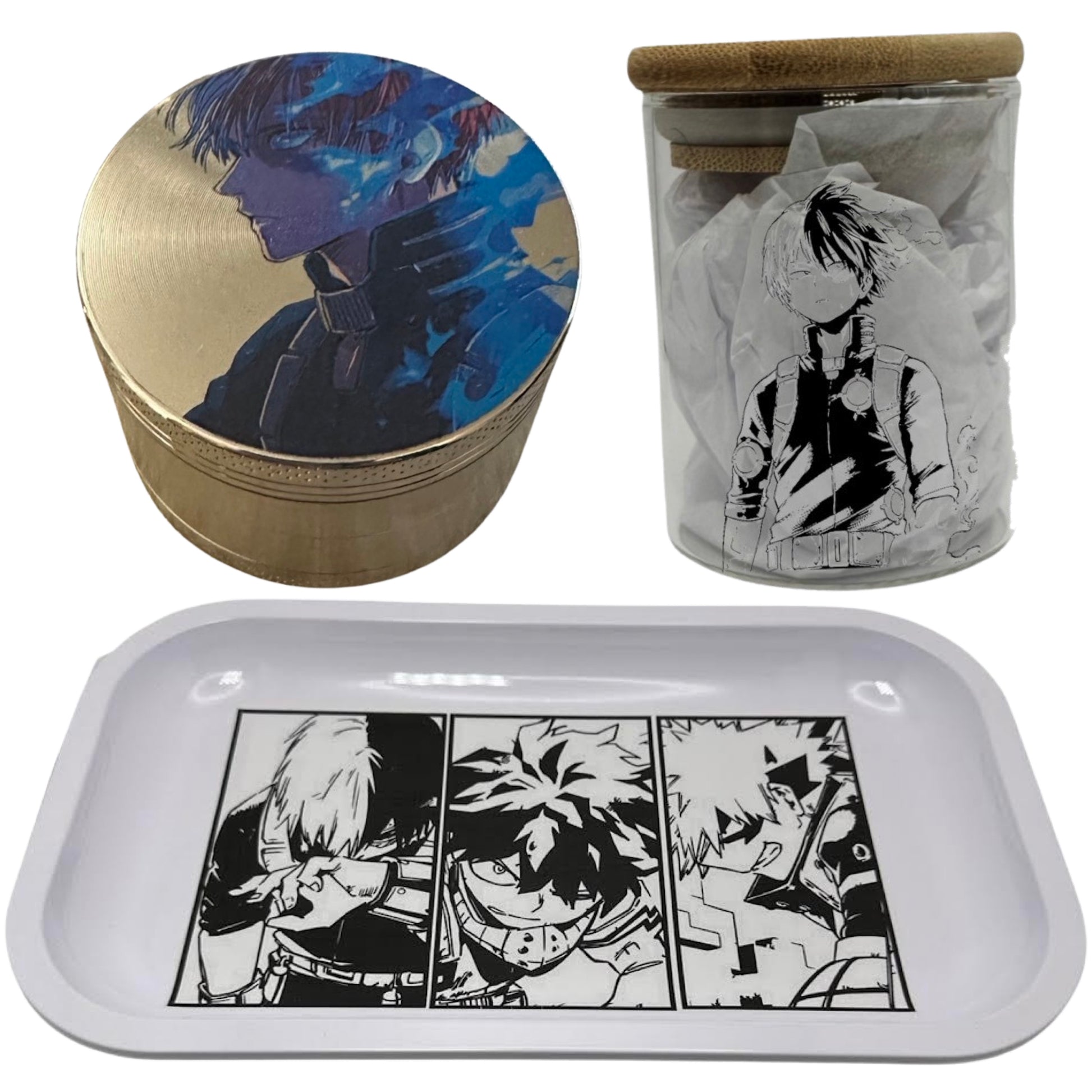 MHA My Hero Academy Anime Spice Grinder, Stash Jar, Rolling Tray Set - spicedanime