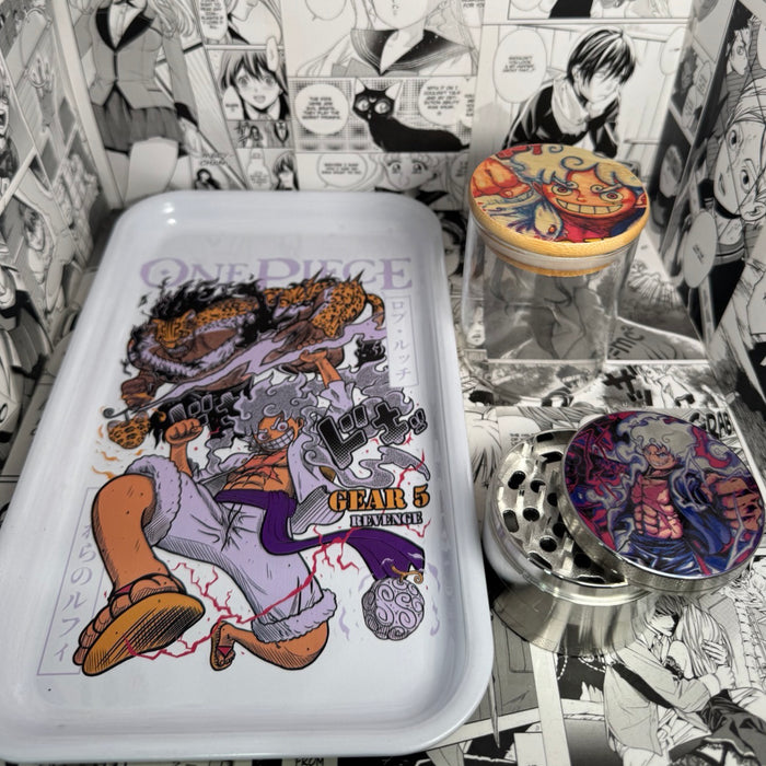 Purple Luffy Grinder, Jar, Rolling Tray Set