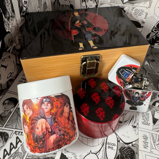 The spicedanime Naruto Itachi Uchiha Anime Bamboo Stash Box Set includes a bamboo stash box, jar, red Akatsuki cloud container, lighter, and AirPods case—all with Itachi designs—arranged on manga pages.