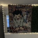 The SpicedAnime Hunter X Hunter Anime Hand Woven Cozy Rug doubles as a manga tapestry throw or blanket, featuring bold colors and Japanese text—perfect as a unique home décor piece or anime gift.