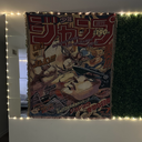 The SpicedAnime Jojos Bizarre Adventure Anime Hand Woven Cozy Rug features manga art with bold red text and action scenes, perfect as a tapestry throw or blanket, shown hanging on a wall with string lights and green faux foliage.