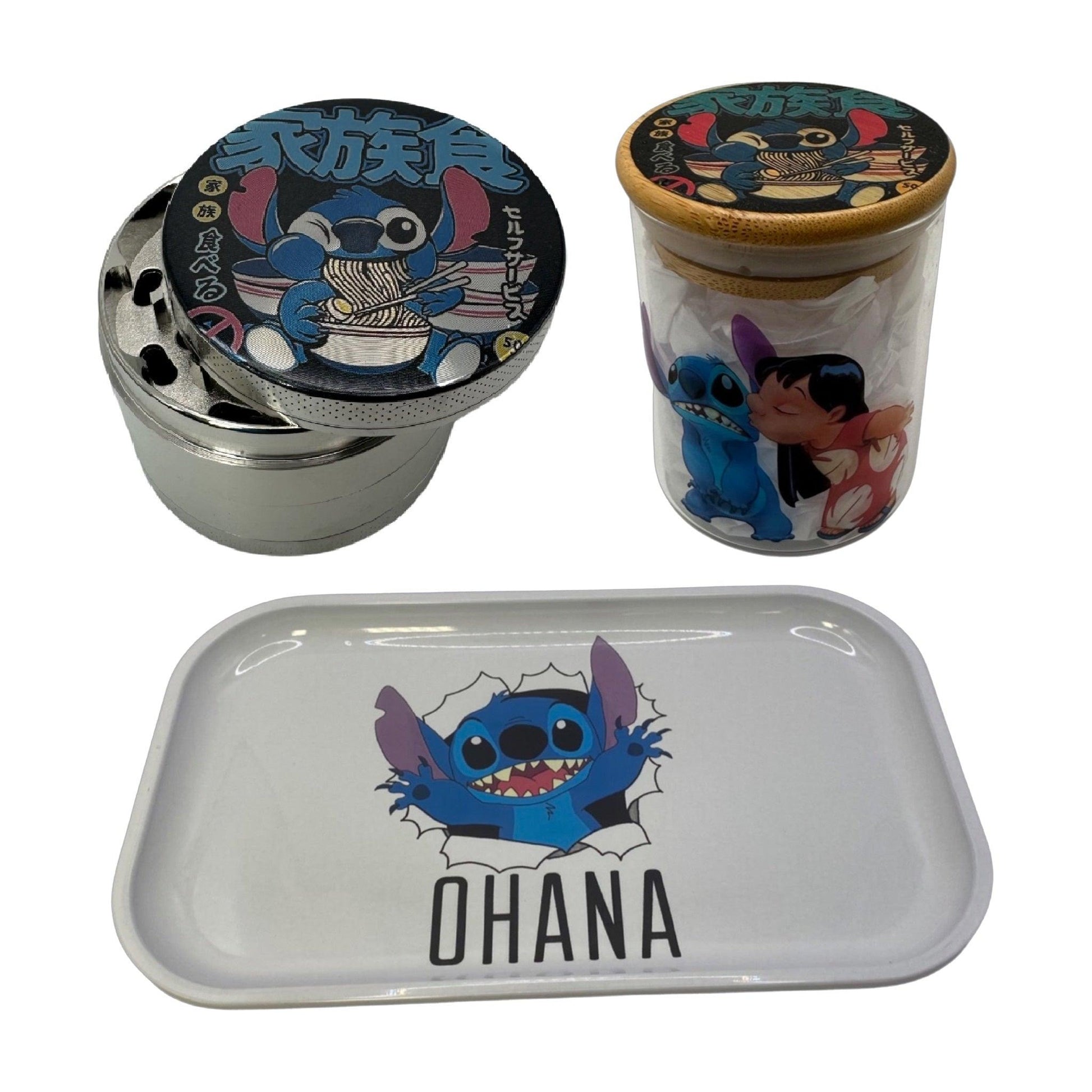 Lilo and Stitch Cartoon Herb Grinder, Stash Jar, Rolling Tray Set - spicedanime
