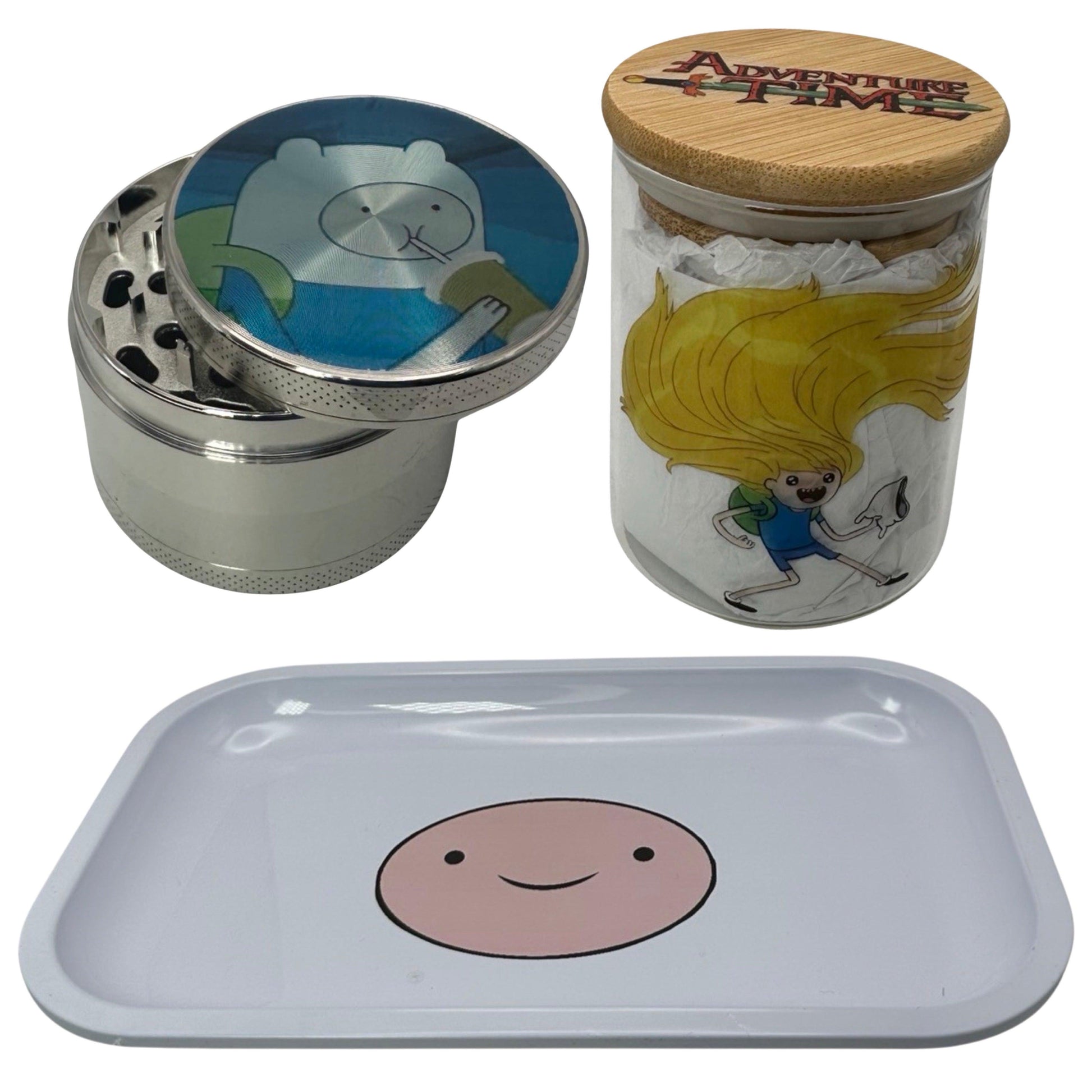 Adventure Time Cartoon Spice Grinder, Stash Jar, Rolling Tray Set - spicedanime