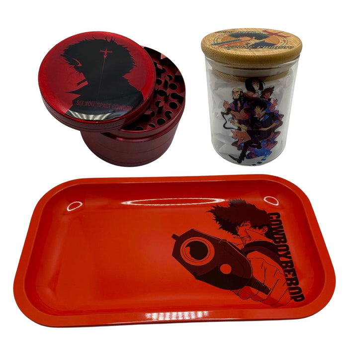 Red Spike Grinder, Jar, Rolling Tray Set