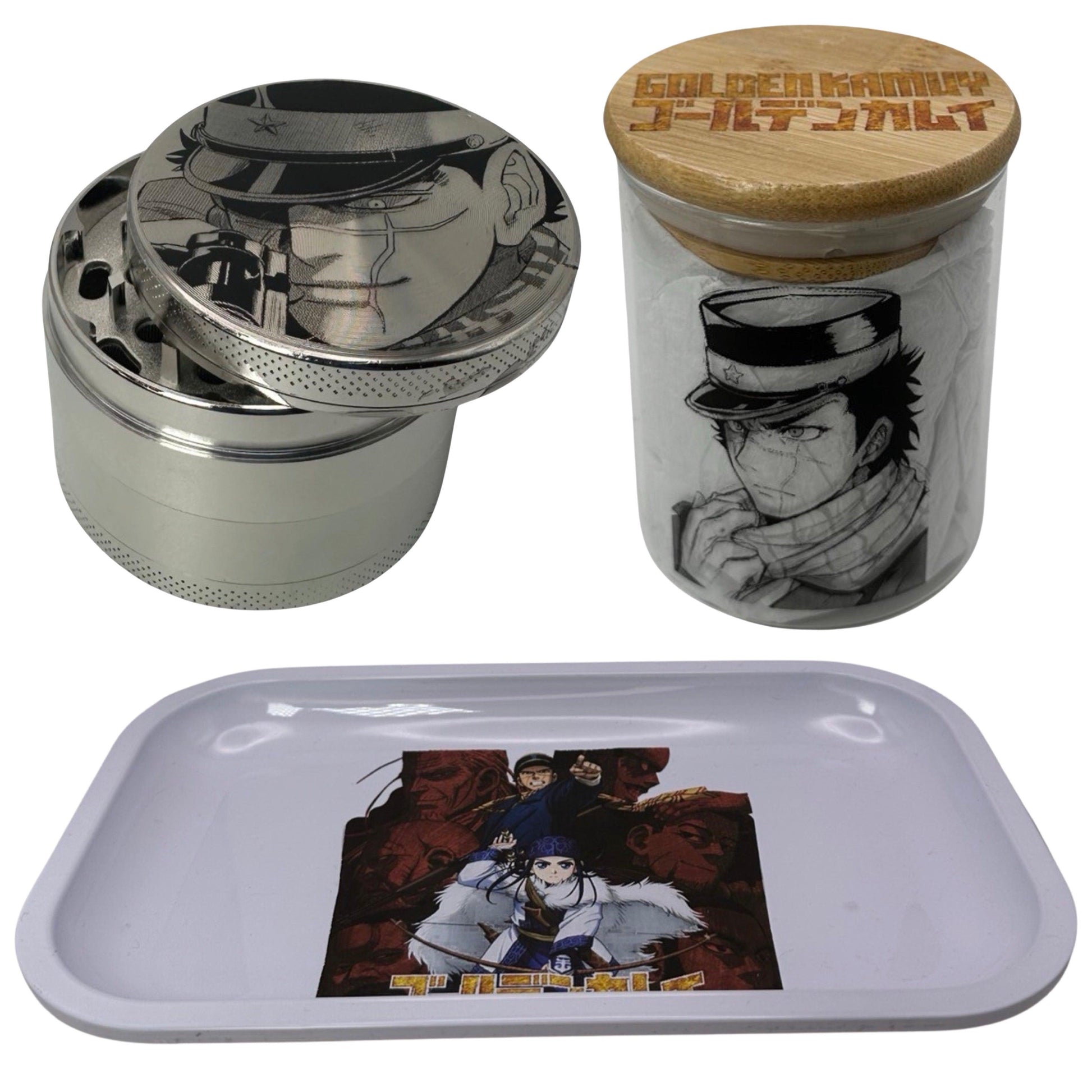 Golden Kamuy Anime Spice Grinder, Stash Jar, Rolling Tray Set - spicedanime