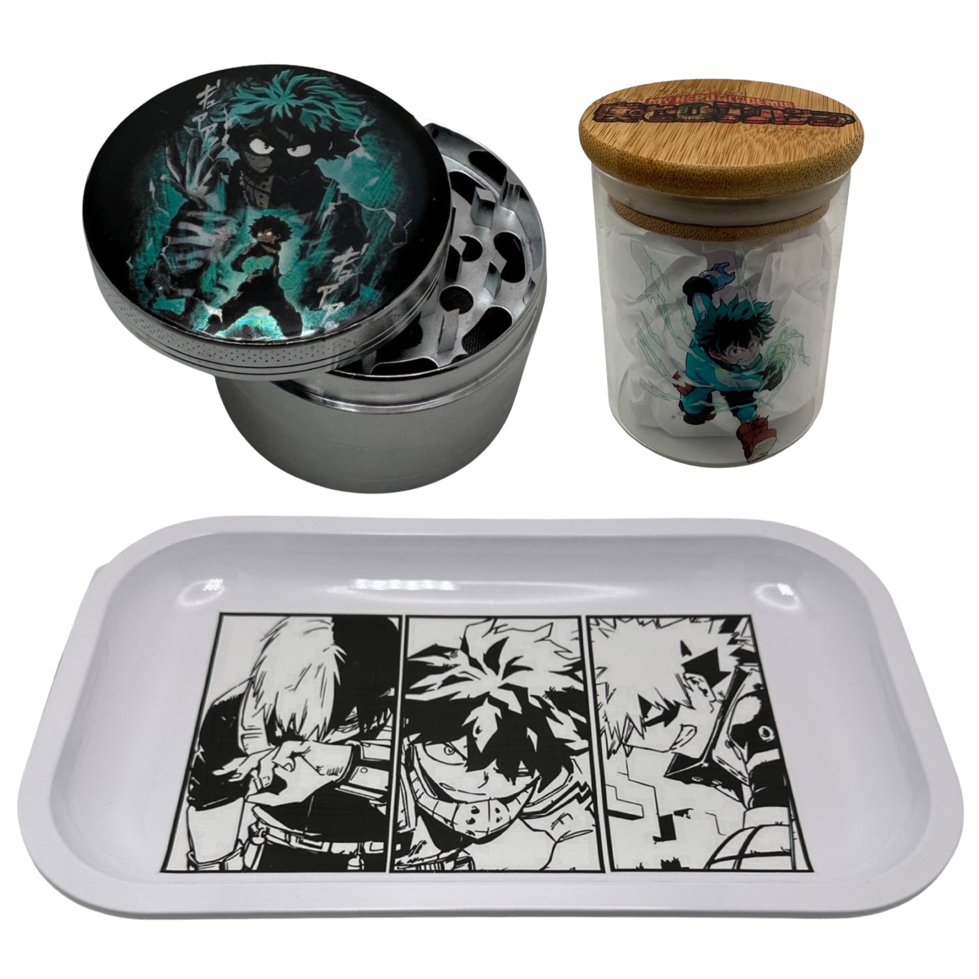 MHA My Hero Academy Anime Spice Grinder, Stash Jar, Rolling Tray Set - spicedanime