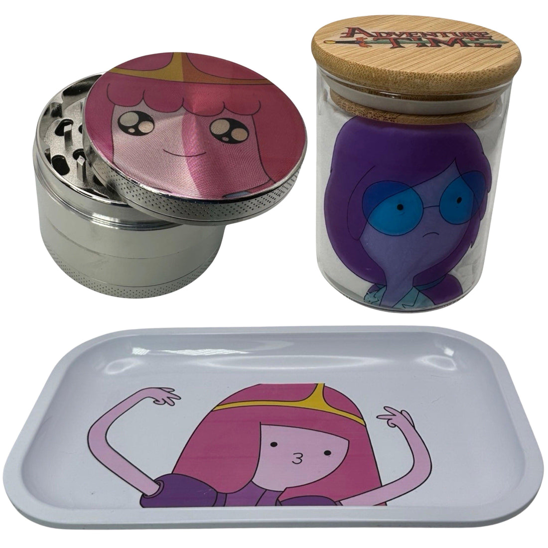 Adventure Time Cartoon Spice Grinder, Stash Jar, Rolling Tray Set - spicedanime