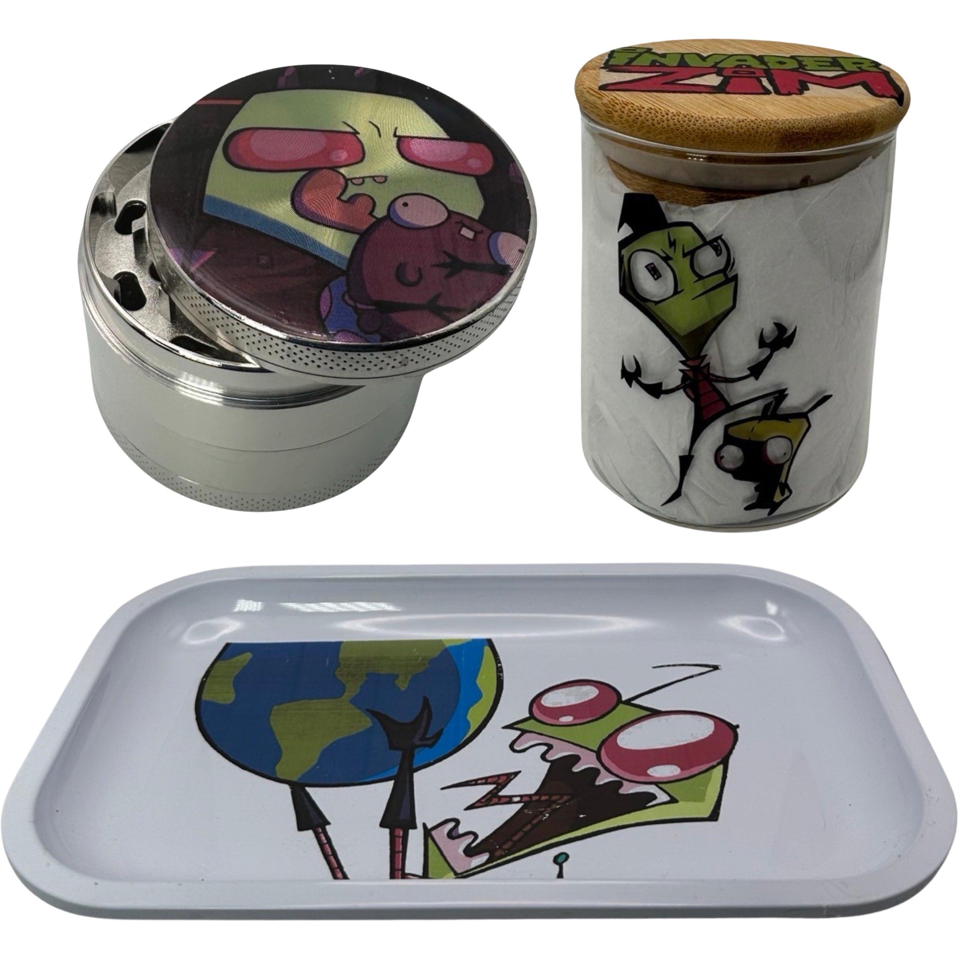 Invader Zim Cartoon Spice Grinder, Stash Jar, Rolling Tray Set - spicedanime