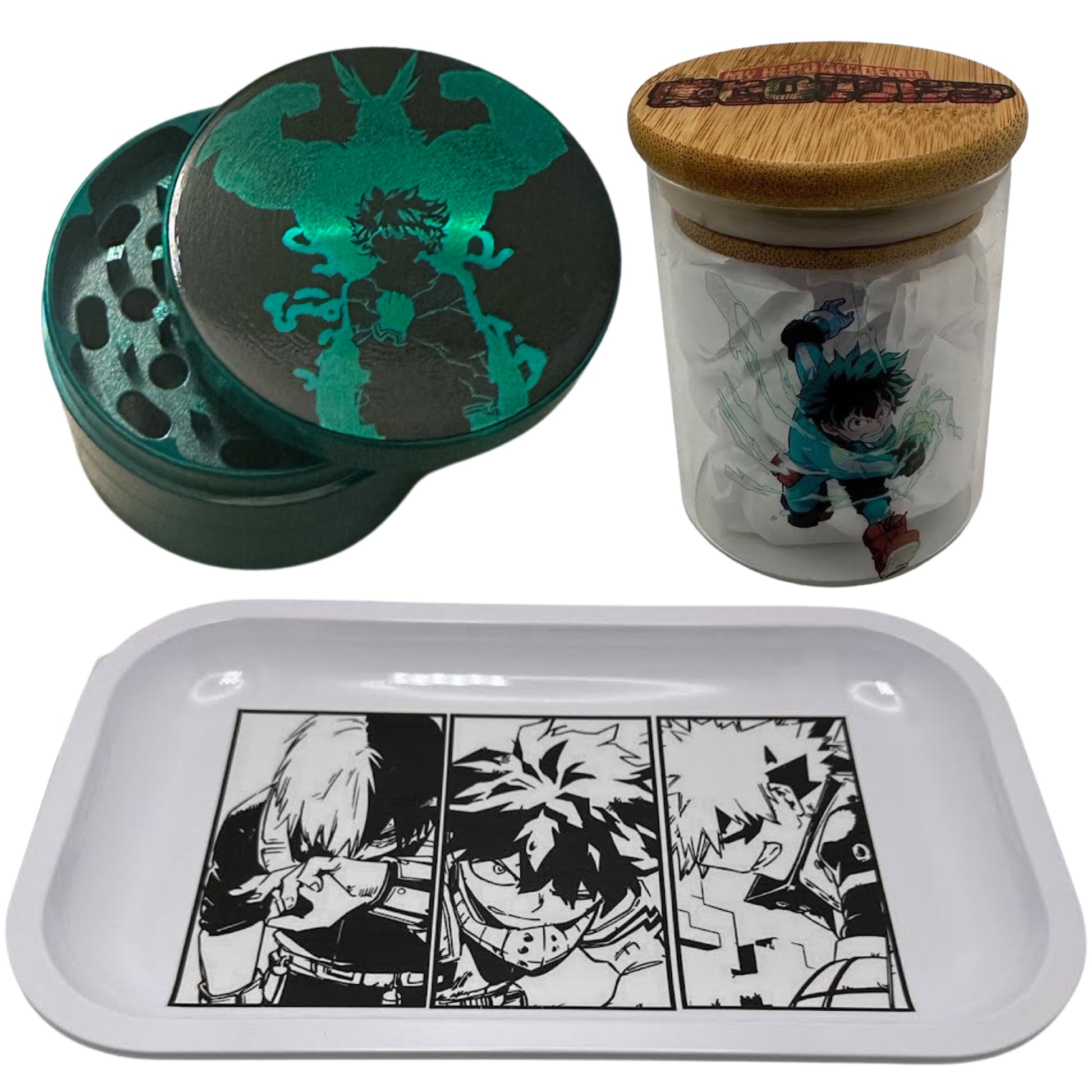 MHA My Hero Academy Anime Spice Grinder, Stash Jar, Rolling Tray Set - spicedanime