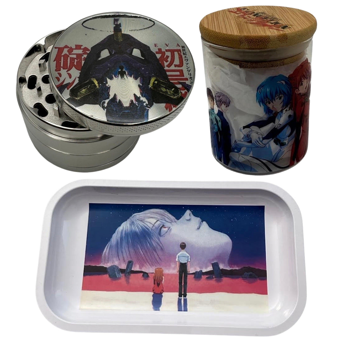 The SpicedAnime Evangelion 13 Grinder, Jar, Rolling Tray Set includes an anime scene art tray with a manga panel backdrop, plus a matching airtight bamboo jar and metal grinder featuring Evangelion character designs.