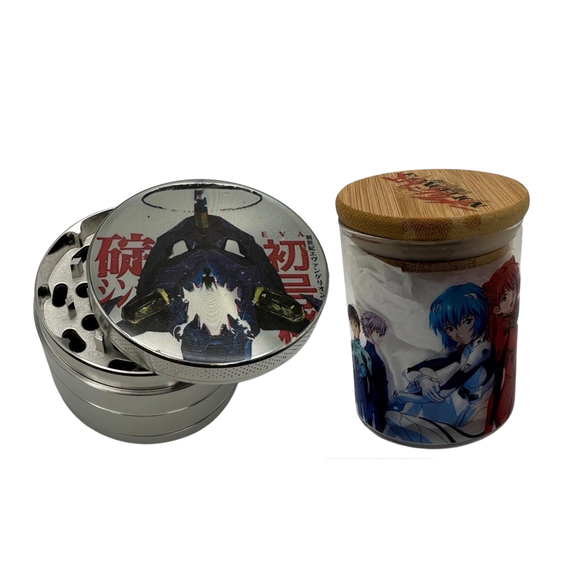 Neon Genesis Mecha Anime Spice Grinder, Stash Jar, Rolling Tray Set - spicedanime