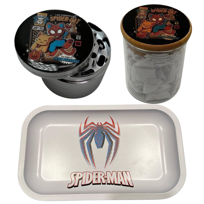 Spiderman Comic Herb Grinder, Stash Jar, Rolling Tray Set - spicedanime