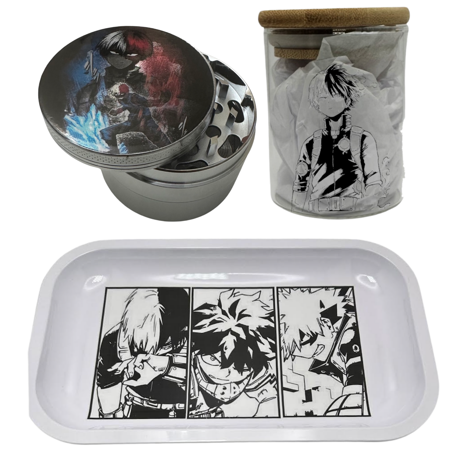 MHA My Hero Academy Anime Spice Grinder, Stash Jar, Rolling Tray Set - spicedanime