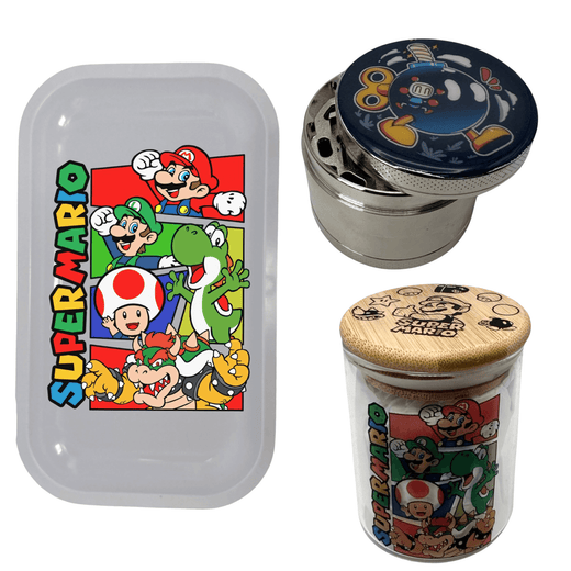 Super Mario Bros Videogame Spice Grinder, Stash Jar, Rolling Tray Set - spicedanime