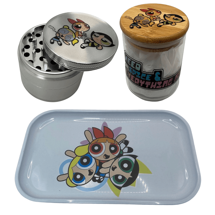 Powerpuff Girls Cartoon Spice Grinder, Stash Jar, Rolling Tray Set - spicedanime