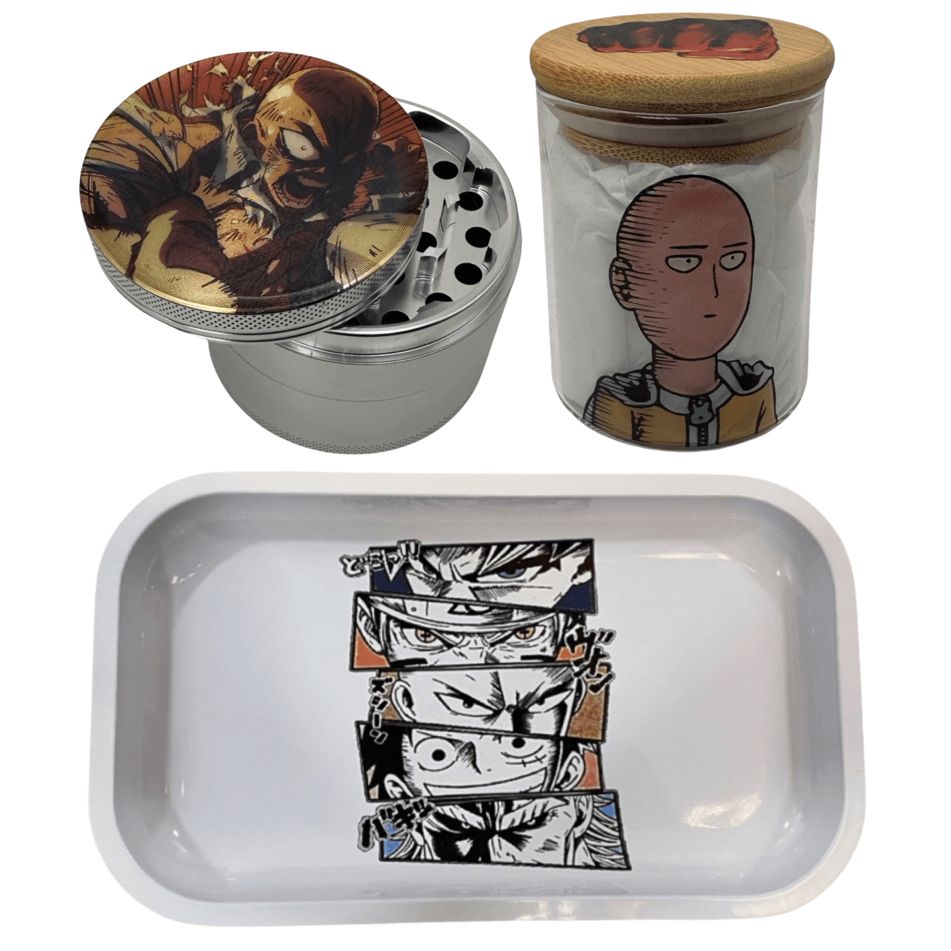 One Punch Man Anime Spice Grinder, Stash Jar, Rolling Tray Set - spicedanime