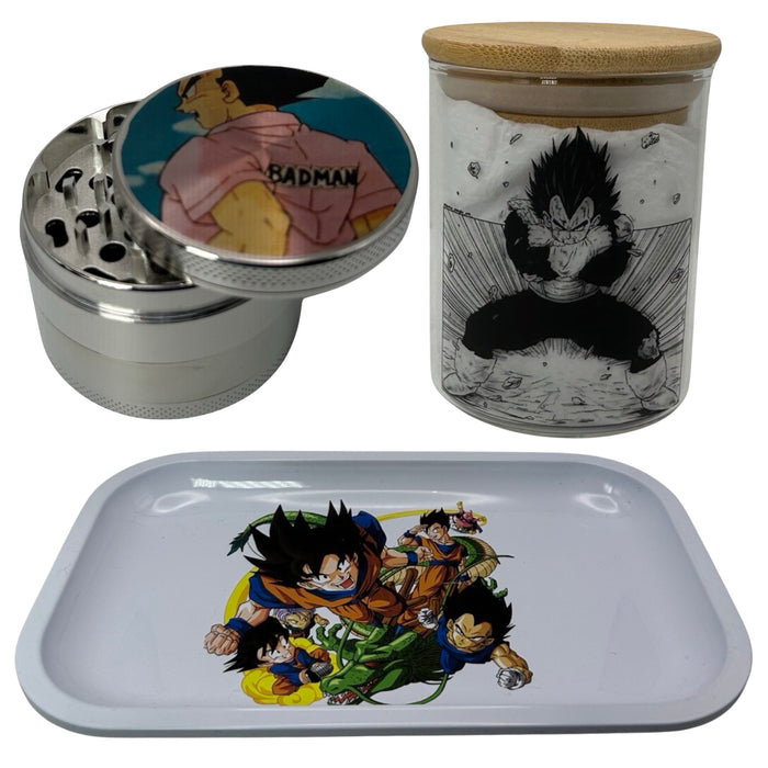 Pink Shirt Vegeta Grinder, Jar, Rolling Tray Set