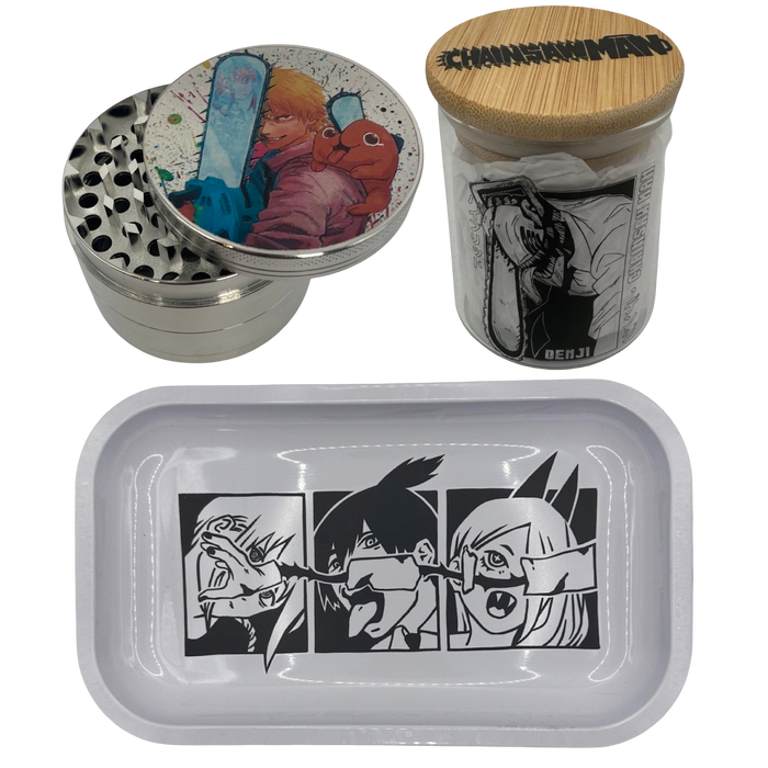 Denji and Poochita Grinder, Jar, Rolling Tray Set