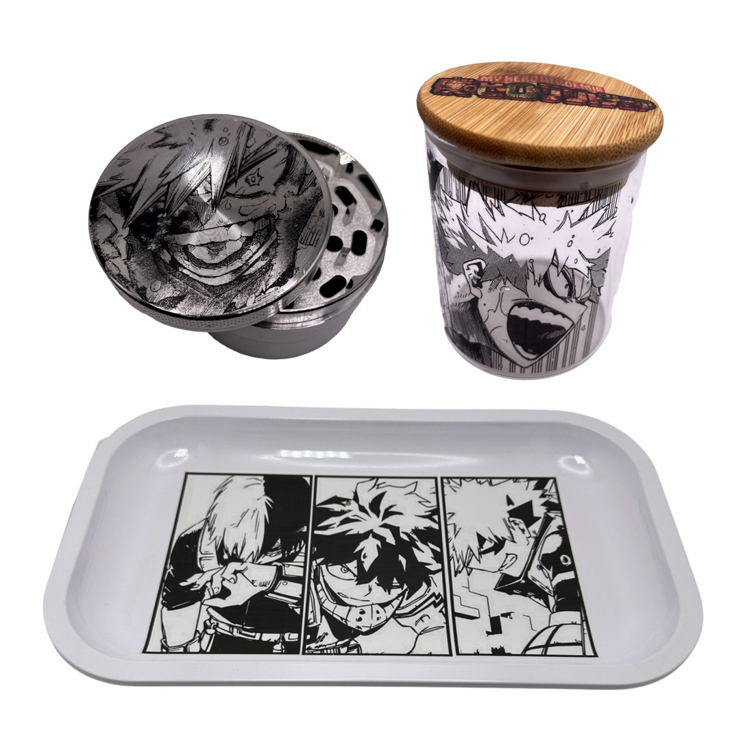 MHA My Hero Academy Anime Spice Grinder, Stash Jar, Rolling Tray Set - spicedanime