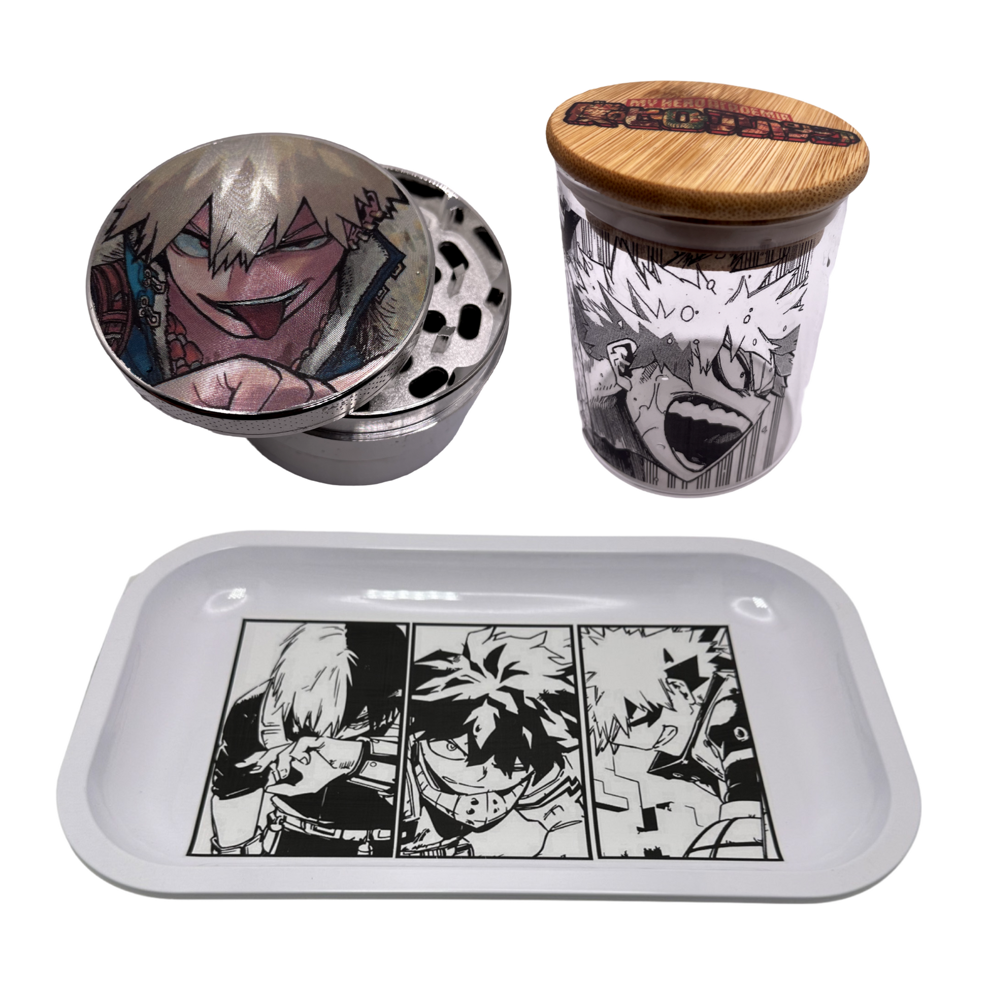 MHA My Hero Academy Anime Spice Grinder, Stash Jar, Rolling Tray Set - spicedanime