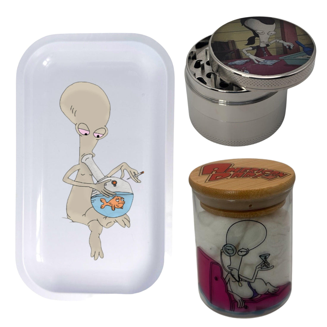 American Dad Spice Grinder, Stash Jar, Rolling Tray Set - spicedanime