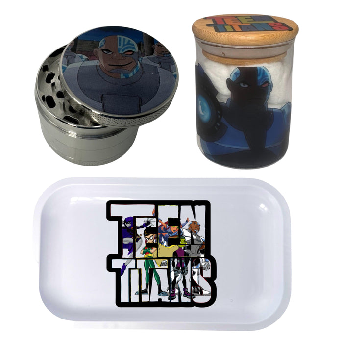 Teen Titans Cartoon Herb Grinder, Stash Jar, Rolling Tray Set - spicedanime