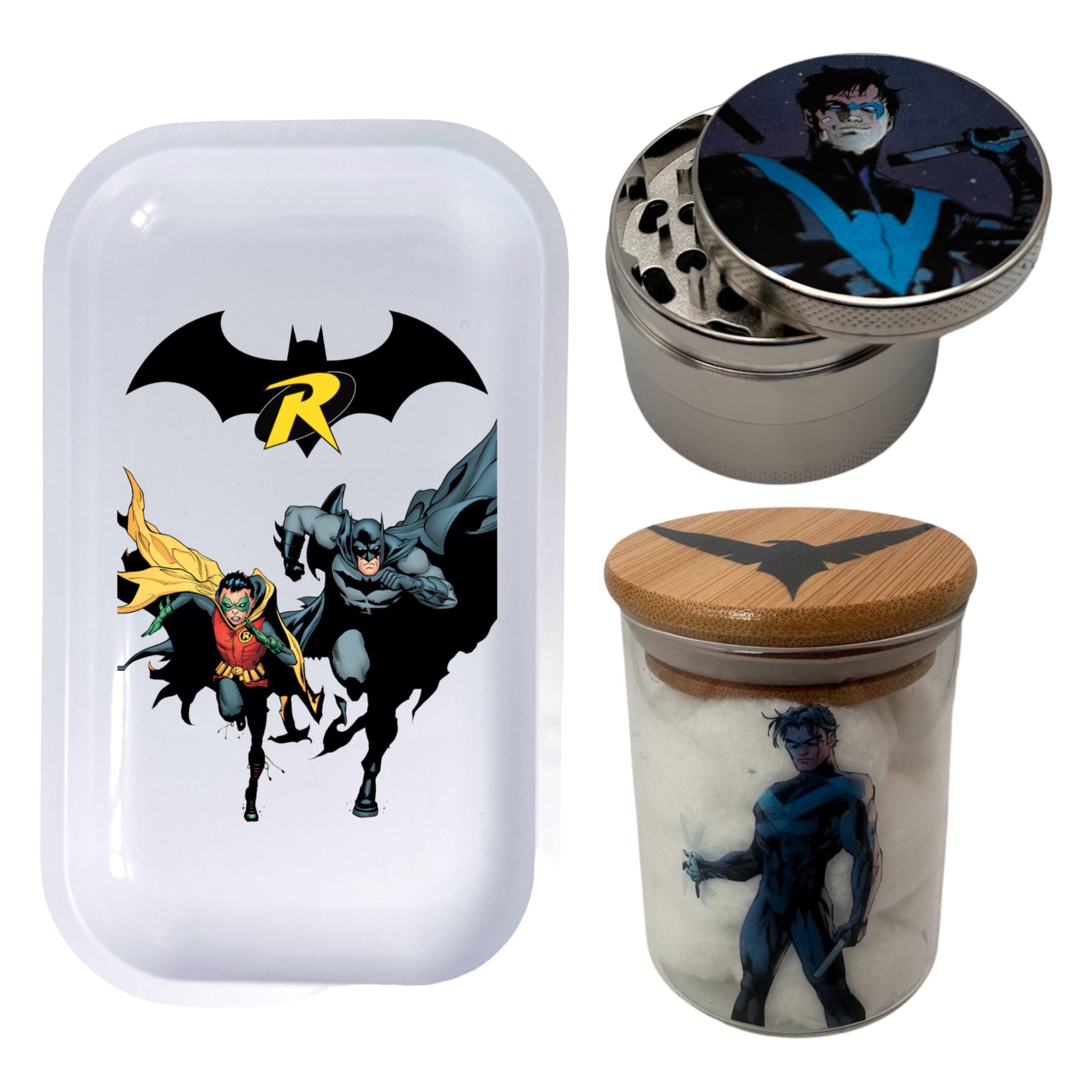Batman and Robin Comic Spice Grinder, Stash Jar, Rolling Tray Set - spicedanime
