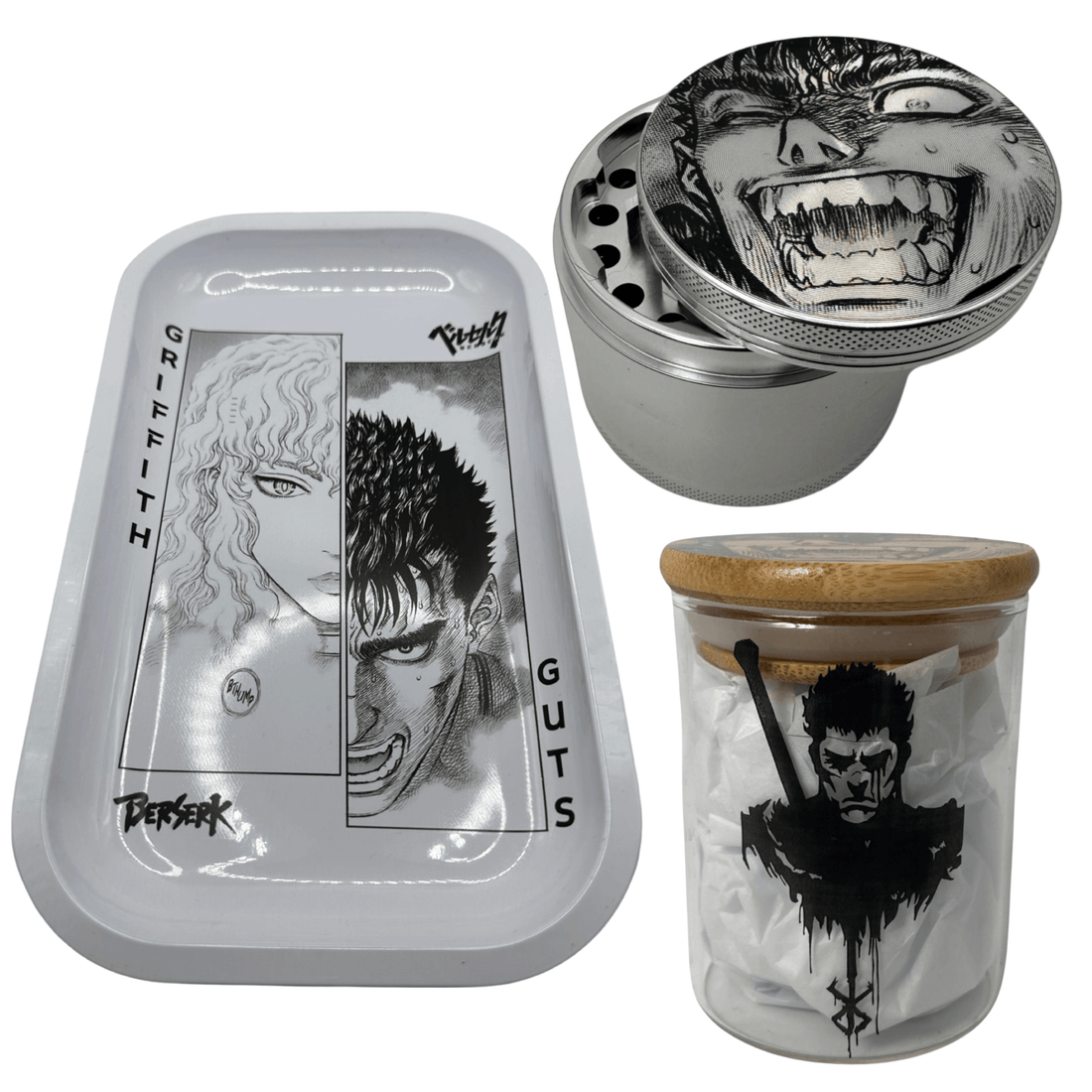 Berserk Anime Spice Grinder, Stash Jar, Rolling Tray Set - spicedanime