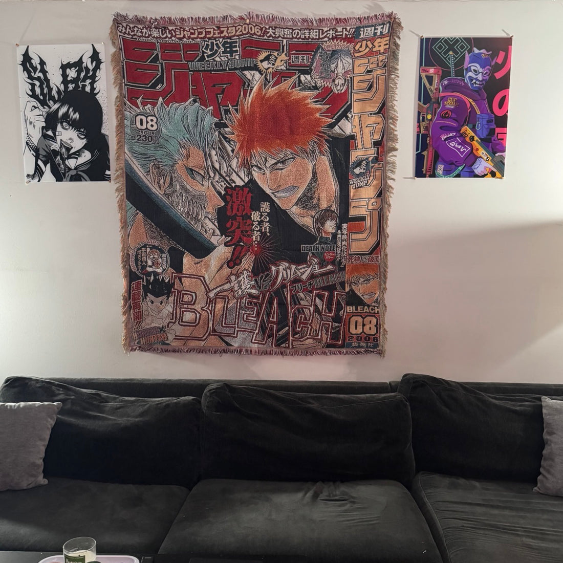 The Ichigo & Grimmjow Anime Hand Woven Cozy Rug by SpicedAnime features dynamic manga artwork of their epic face-off, making it a striking decorative tapestry throw or cozy blanket with bold Japanese comic-style graphics.