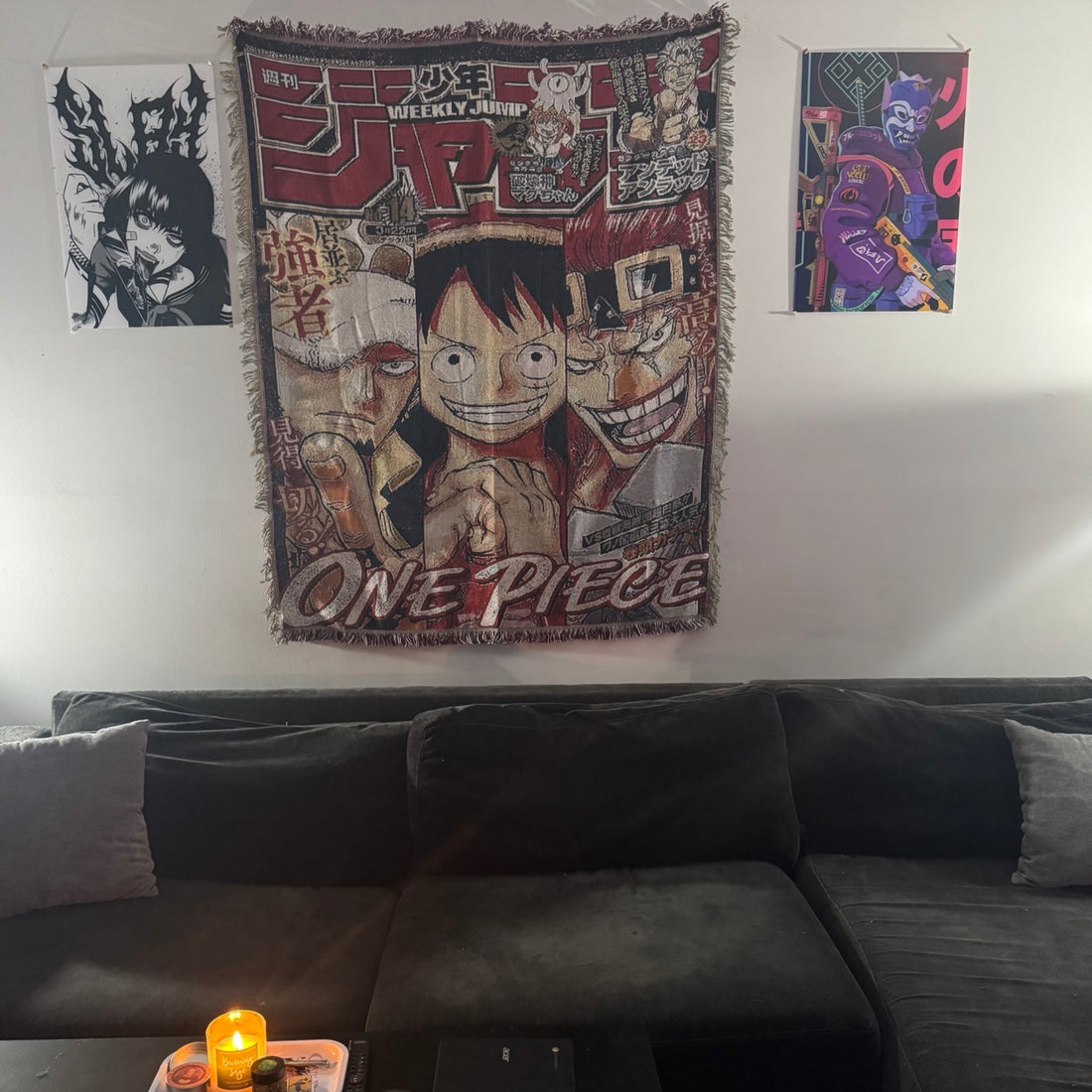 The SpicedAnime One Piece Anime Hand Woven Cozy Rug features manga characters and Japanese text, mimicking a Weekly Shōnen Jump cover. Use it as a tapestry throw or blanket; perfect for anime fans and bright home decor.